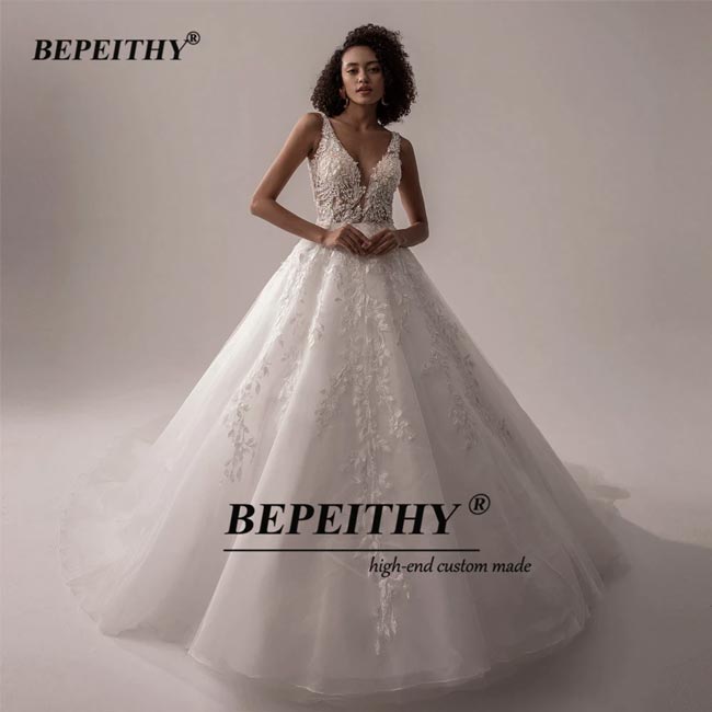 BEPEITHY V Neck Sleeveless Wedding Dresses