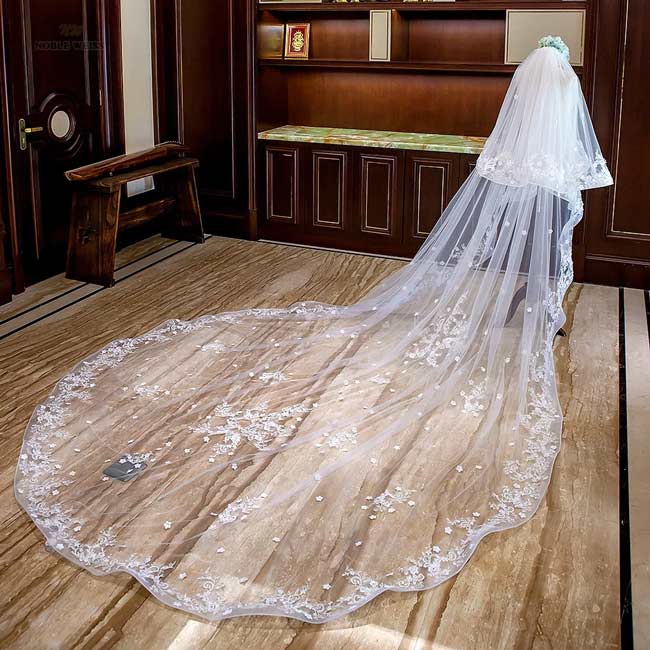 Long Wedding Veils With Comb Two Layers Appliques 